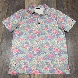 Bad Birdie Golf Polo Mens Large Flamingo Tropical Bird Print Performance Stretch